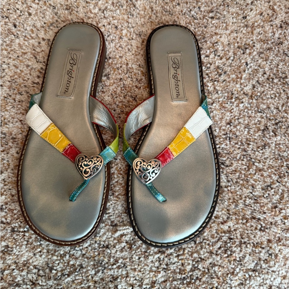 Brighton Multicolor Leather Heart Thong Sandals with Silver Footbed